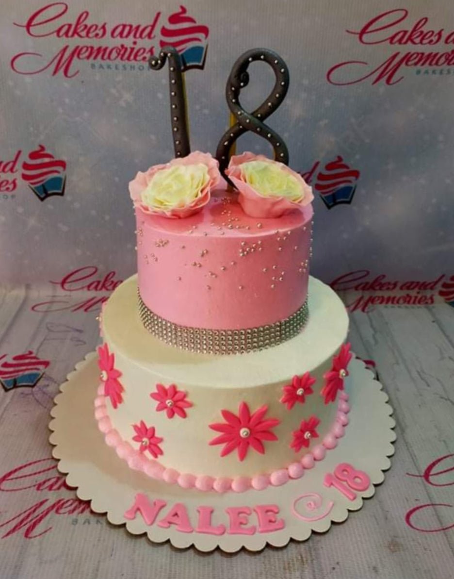 Pink and white 2-tier 18th birthday cake with large number 18 toppers, pink flowers, and silver dragees. Pink and white 2-tier 18th birthday cake with large number 18 toppers, pink flowers, and silver dragees.