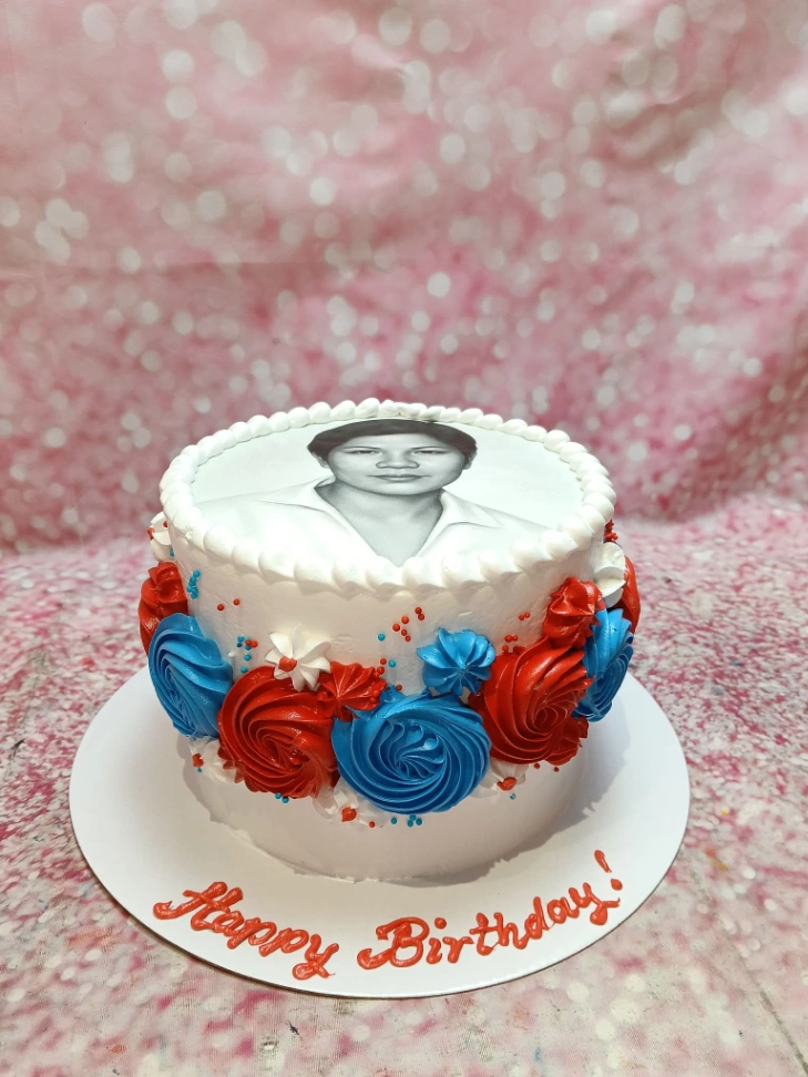 photo birthday cake 1 Tier - white, black, red theme with black and white photo of a woman and red icing roses