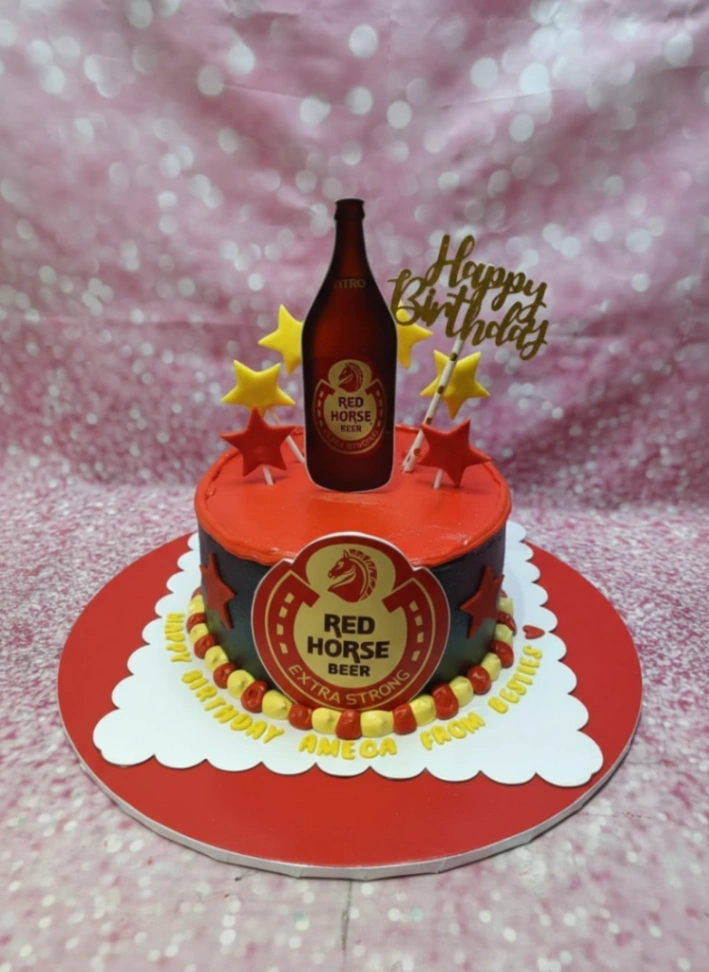 Red Horse Beer birthday 1 Tier - red, black, yellow theme with Happy Birthday text topper and yellow star on stick