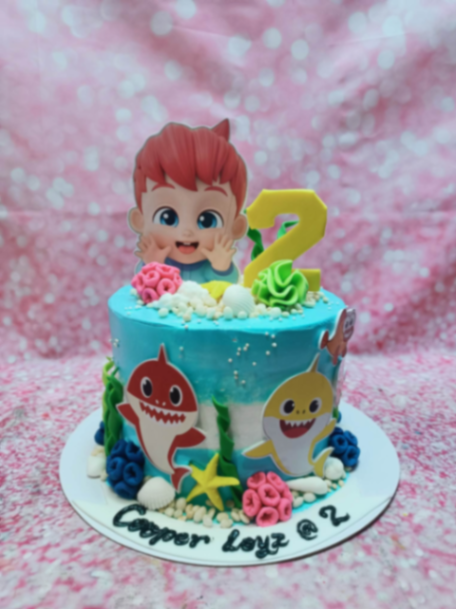 Baby Shark 1 Tier - blue, white, pink theme with Pinkfong character and Baby Shark family characters