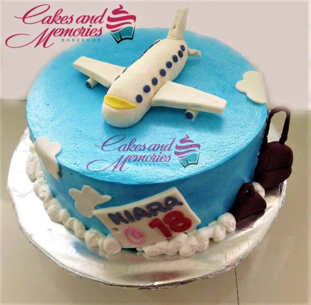 Light blue airplane themed birthday cake with a 3D fondant plane, clouds, and luggage accents for an 18th birthday. Light blue airplane themed birthday cake with a 3D fondant plane, clouds, and luggage accents for an 18th birthday.