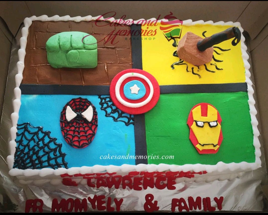 Avengers themed rectangle cake with Hulk fist, Thor hammer, Captain America shield, Spiderman, and Iron Man fondant decorations. Avengers themed rectangle cake with Hulk fist, Thor hammer, Captain America shield, Spiderman, and Iron Man fondant decorations.