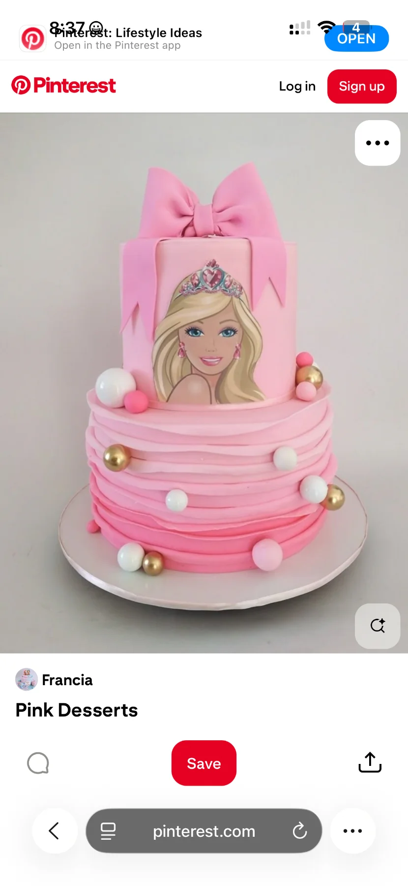 Barbie 2 Tier - pink, gold, white theme with Barbie character image and gold balls