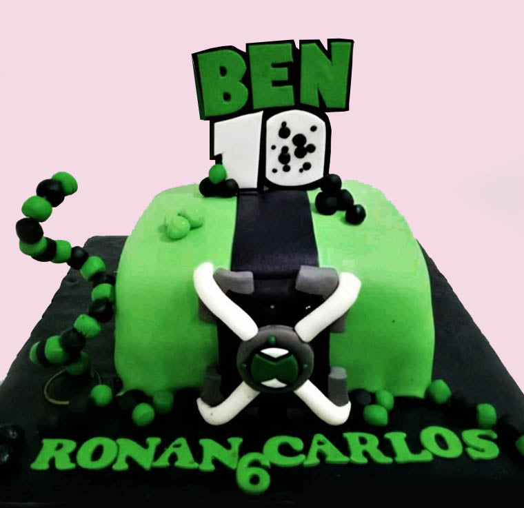 Ben 10 themed square green fondant cake with black and white Omnitrix design and custom name topper. Ben 10 themed square green fondant cake with black and white Omnitrix design and custom name topper.
