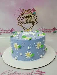 Blue birthday 1 Tier - red, white theme with Happy Birthday geometric topper and group of assorted edible flowers and leaves Blue birthday 1 Tier - red, white theme with Happy Birthday geometric topper and group of assorted edible flowers and leaves