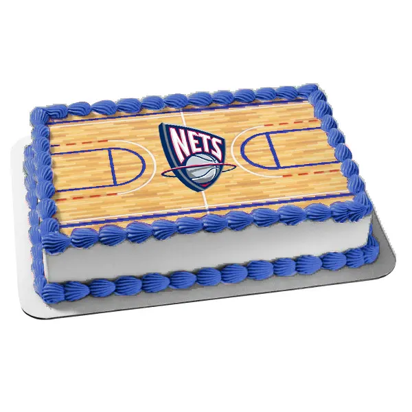 Rectangle basketball court cake featuring the Brooklyn Nets logo with blue icing borders. Rectangle basketball court cake featuring the Brooklyn Nets logo with blue icing borders.