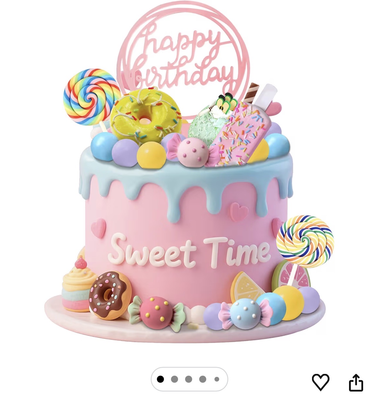 Pink 1-tier cake with blue drip, colorful lollipops, donuts, and candy decorations with a Happy Birthday topper. Pink 1-tier cake with blue drip, colorful lollipops, donuts, and candy decorations with a Happy Birthday topper.