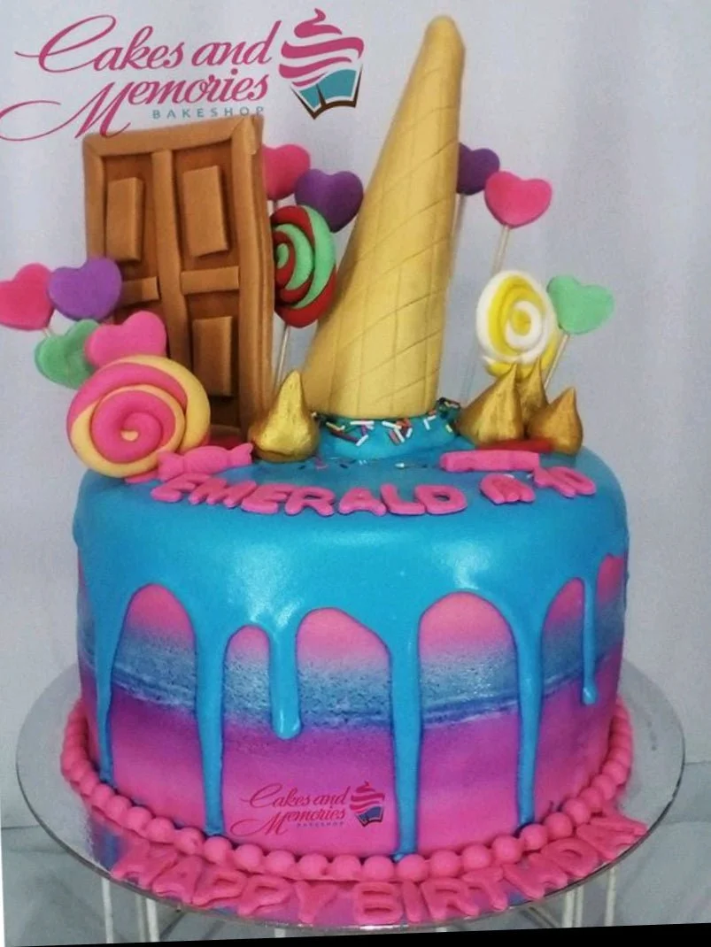 Candy Theme Sky Blue Cake Blue and pink gradient cake with a large ice cream cone topper, fondant door, and colorful lollipops.