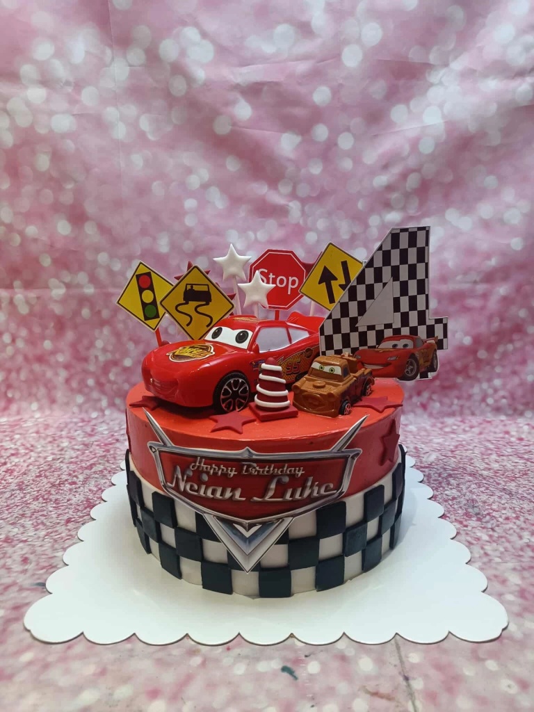 Cars 4th birthday 1 Tier - red, light, white theme with Lightning McQueen car and assorted road signs