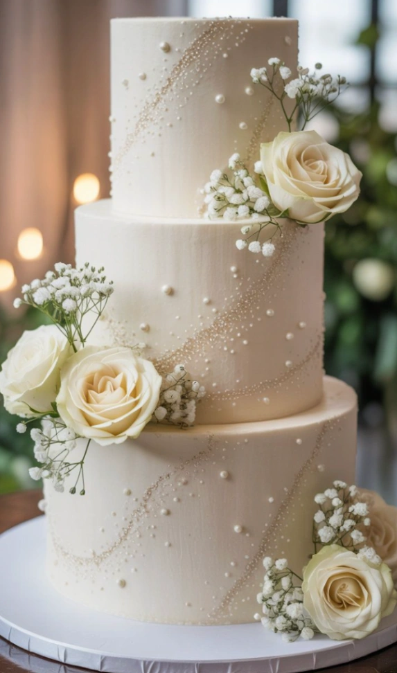 Three-tier ivory buttercream cake decorated with fresh white roses and baby's breath flowers.