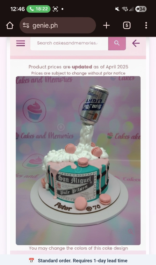 70th beer 1 Tier Fondant - light, pink, white theme with San Miguel Light beer can and pink macarons