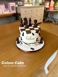 White fondant cake with a brown and white checkered top and edible fondant chess pieces White fondant cake with a brown and white checkered top and edible fondant chess pieces