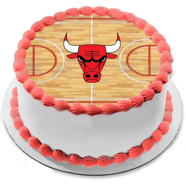 Chicago Bulls basketball court themed cake with red icing borders and a central team logo. Chicago Bulls basketball court themed cake with red icing borders and a central team logo.