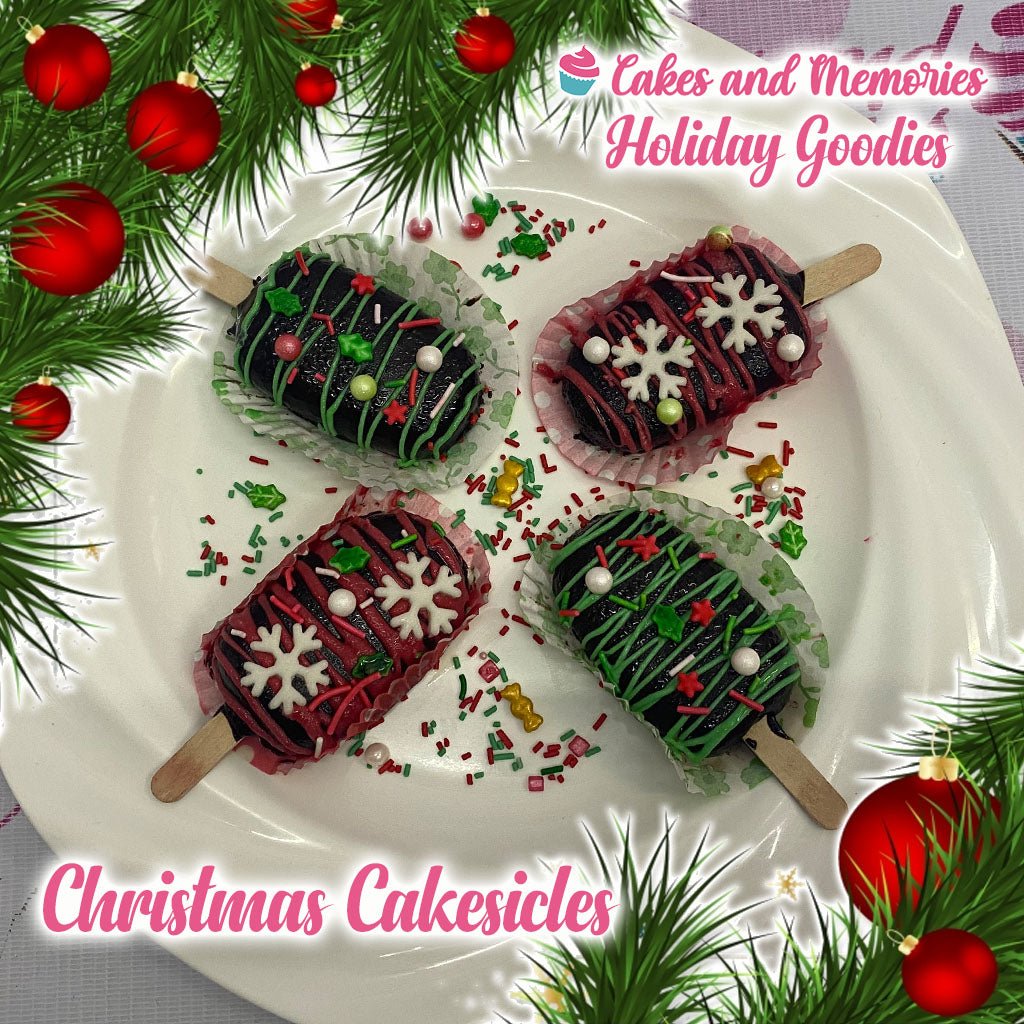 Four Christmas cakesicles decorated with red and green icing, white snowflakes, and festive sprinkles on a white plate. Four Christmas cakesicles decorated with red and green icing, white snowflakes, and festive sprinkles on a white plate.