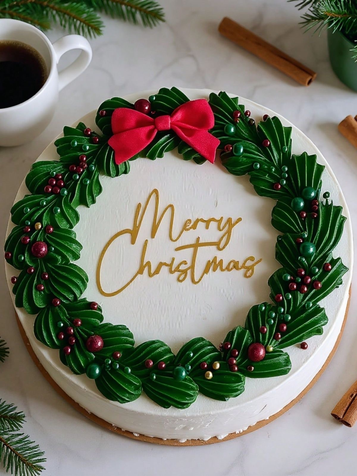 Christmas Wreath 1 Tier - green, red, gold theme with Merry Christmas topper and Green piped icing wreath Christmas Wreath 1 Tier - green, red, gold theme with Merry Christmas topper and Green piped icing wreath