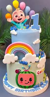 2-tier Cocomelon themed cake with JJ figure, rainbow, clouds, and watermelon logo 2-tier Cocomelon themed cake with JJ figure, rainbow, clouds, and watermelon logo