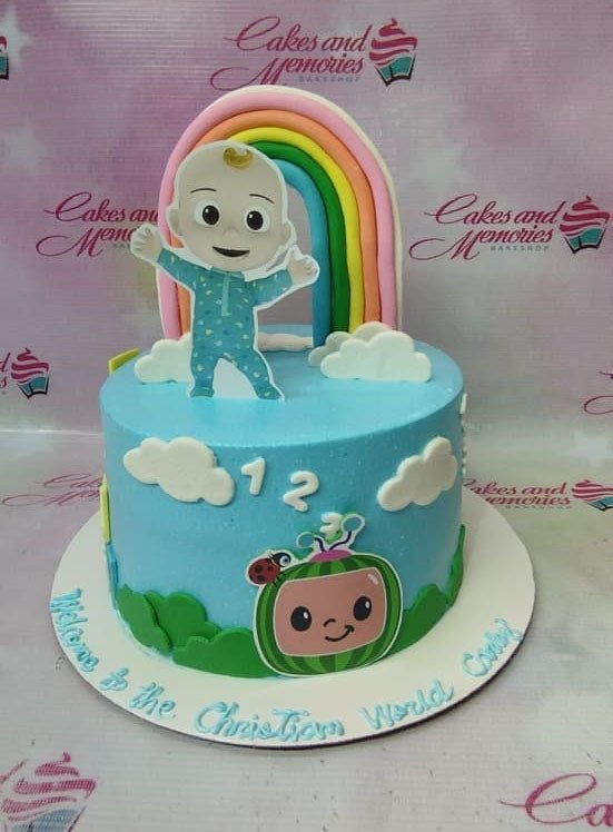 Cocomelon 1 Tier - white, green theme with Cocomelon baby character and white clouds Cocomelon 1 Tier - white, green theme with Cocomelon baby character and white clouds