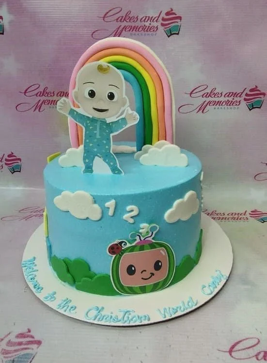 Cocomelon 1 Tier - white, green theme with Cocomelon baby character and white clouds