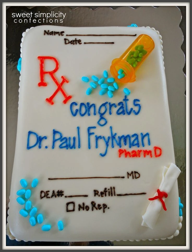 Pharmacist Rectangle - orange, red, white theme with orange pill bottle and blue fondant pills