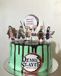 A black 1 Tier cake featuring Demon Slayer characters and logo printouts, and a birthday message. A black 1 Tier cake featuring Demon Slayer characters and logo printouts, and a birthday message.