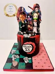 A black 1 Tier cake featuring Demon Slayer character backdrop, Tanjiro and Nezuko figurines, grey fondant stones and a red icing drip. A black 1 Tier cake featuring Demon Slayer character backdrop, Tanjiro and Nezuko figurines, grey fondant stones and a red icing drip.