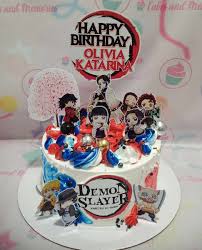 A white 1 tier cake featuring Demon Slayer anime characters, a 'Happy Birthday' banner, and red, white, and blue icing decorations. A white 1 tier cake featuring Demon Slayer anime characters, a 'Happy Birthday' banner, and red, white, and blue icing decorations.