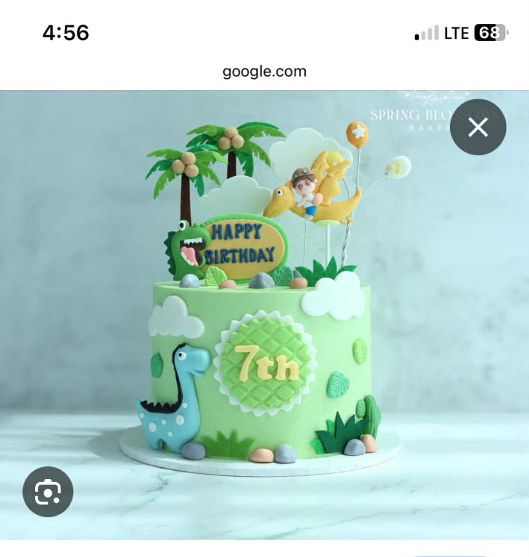 Dinosaur 1 Tier Fondant - yellow, white, blue theme with Yellow dinosaur with boy rider and Gumpaste palm tree