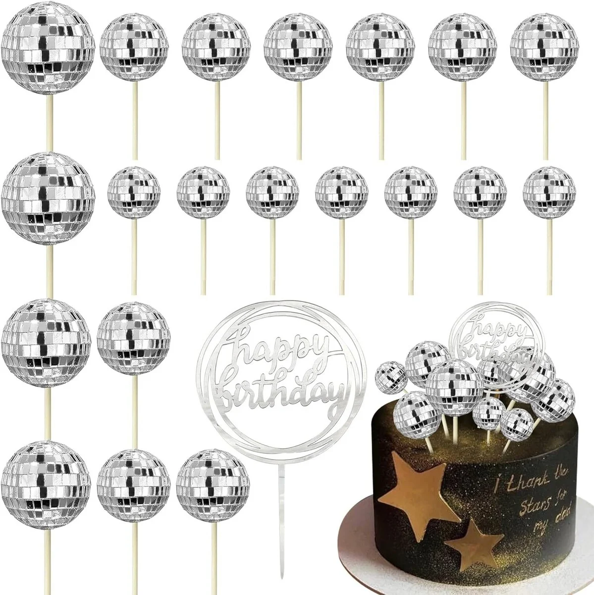 Black and gold disco themed birthday cake with silver disco ball toppers and gold stars. Black and gold disco themed birthday cake with silver disco ball toppers and gold stars.