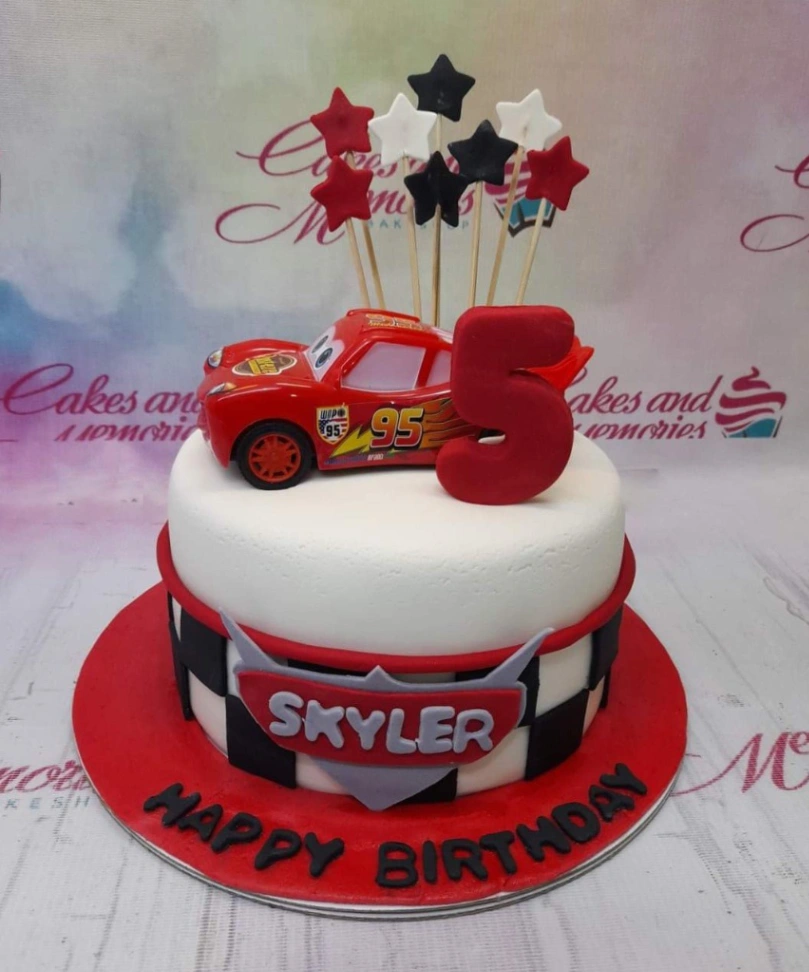 Cars, 5th birthday 1 Tier Fondant - light, red theme with Lightning McQueen toy car and checkered flag pattern