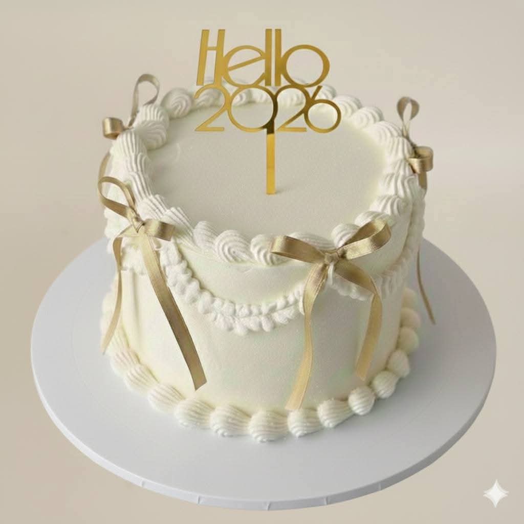 Elegant white 1 Tier - colorful theme with Hello 2026 topper and top shell border Elegant white 1 Tier - colorful theme with Hello 2026 topper and top shell border