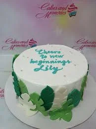 Fresh start botanical 1 Tier - green, white, red theme with Edible gumpaste leaves in various shades of green and white