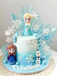 Cake 2 Tier - white, blue theme with Elsa character and white snowflakes
