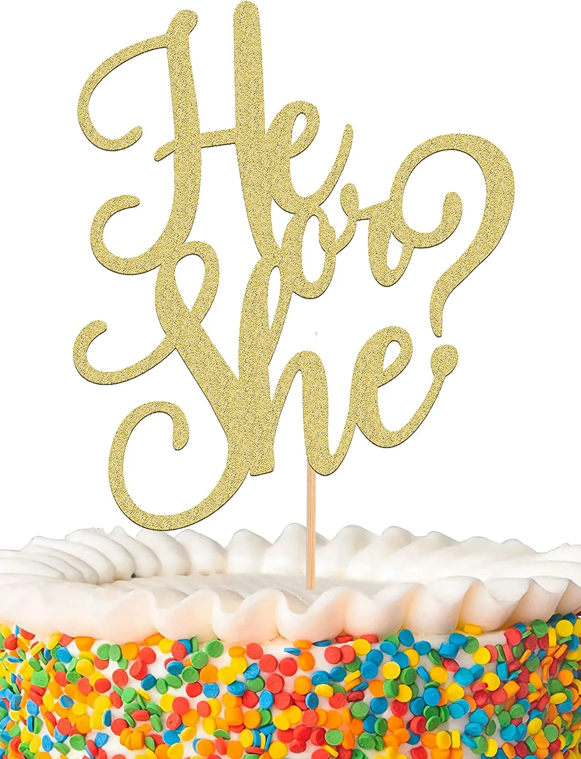 Gender Reveal White Glitter Cake A white 1-Tier Gender Reveal cake, featuring a large gold glitter 'He or She?' topper, colorful confetti sprinkles, and white icing ruffles.