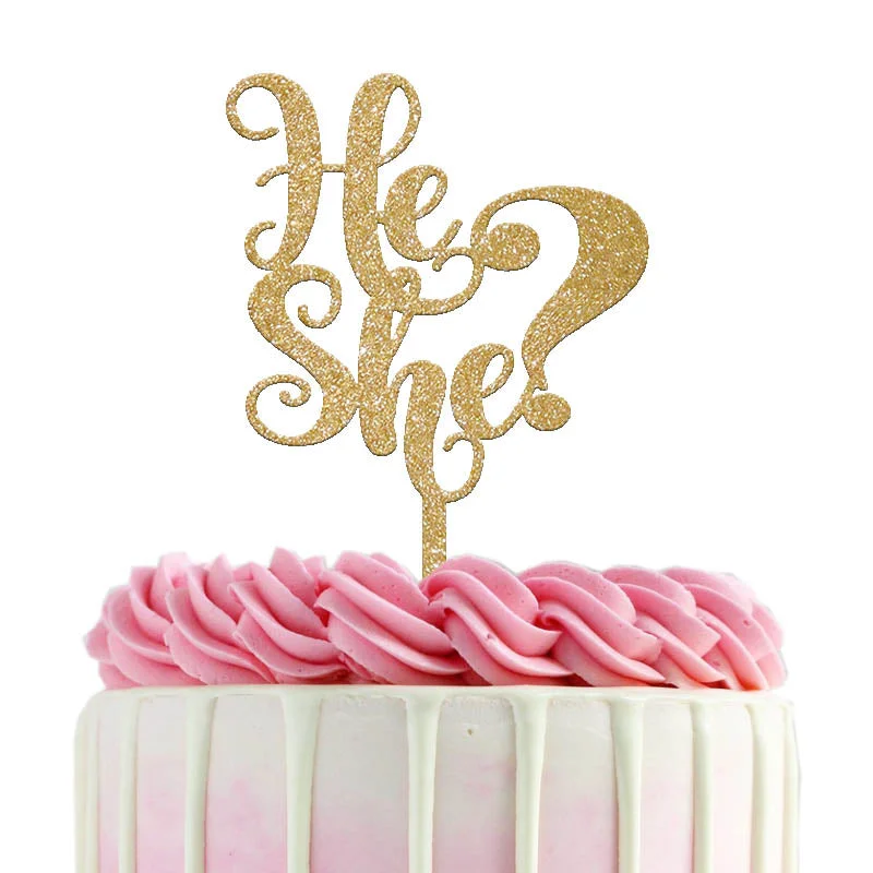 Gender Reveal White Drip Cake A white 1 Tier cake themed around Gender Reveal, featuring a gold glitter 'He or She?' topper, pink icing rosettes, and white chocolate drip.