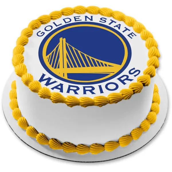 Golden State Warriors basketball themed cake with blue and yellow logo and yellow icing borders Golden State Warriors basketball themed cake with blue and yellow logo and yellow icing borders