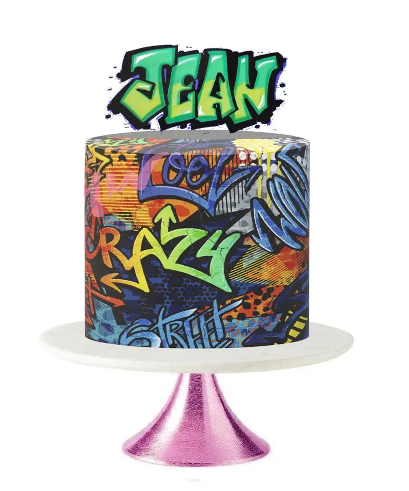 Graffiti themed birthday cake with colorful street art icing wrap and a large green Jean name topper. Graffiti themed birthday cake with colorful street art icing wrap and a large green Jean name topper.