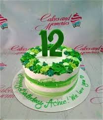 Green 12th Birthday 1 Tier - green, white theme with number 12 topper and green and white striped side design Green 12th Birthday 1 Tier - green, white theme with number 12 topper and green and white striped side design