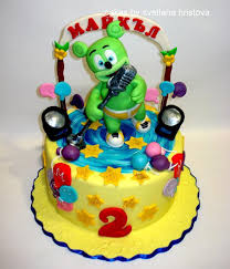 Gummy Bear 1 Tier Fondant - blue, green, red theme with Green gummy bear character holding a microphone and Large red numb... Gummy Bear 1 Tier Fondant - blue, green, red theme with Green gummy bear character holding a microphone and Large red numb...