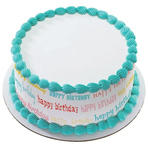 Happy Birthday White Cake A white 1-tier cake themed for a birthday, featuring colorful "happy birthday" text wrap and teal shell borders.