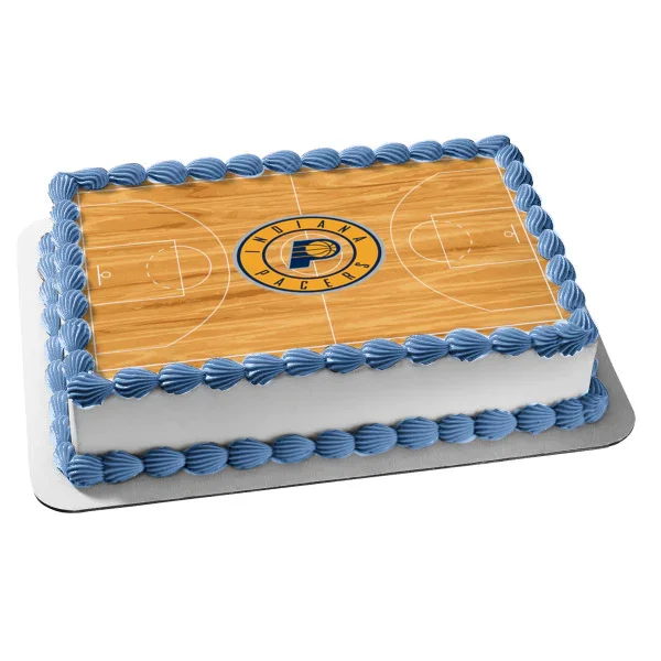 Indiana Pacers White Rectangle Cake A white and blue Rectangle cake themed around Indiana Pacers basketball, featuring a printed court graphic and blue icing shell borders.
