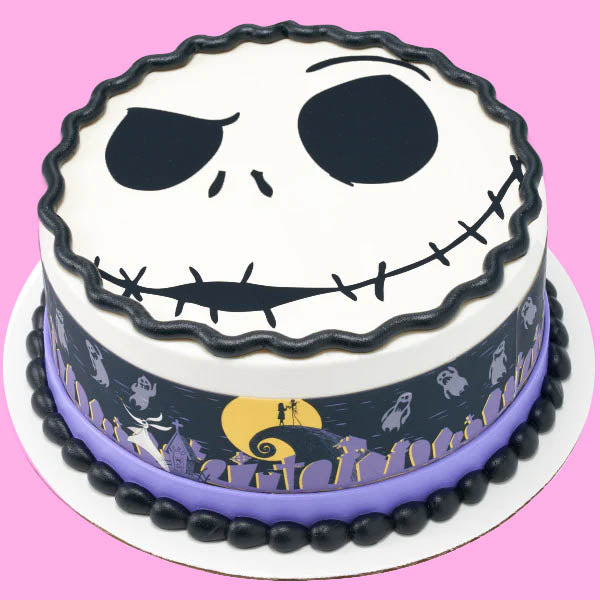 Jack Skellington Nightmare Before Christmas themed cake with black icing face and character side wrap Jack Skellington Nightmare Before Christmas themed cake with black icing face and character side wrap