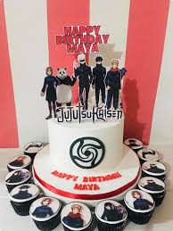 Jujutsu Kaisen birthday 1 Tier - black theme with Printout 'Happy Birthday Maya' topper and edible 2D black swirl logo Jujutsu Kaisen birthday 1 Tier - black theme with Printout 'Happy Birthday Maya' topper and edible 2D black swirl logo
