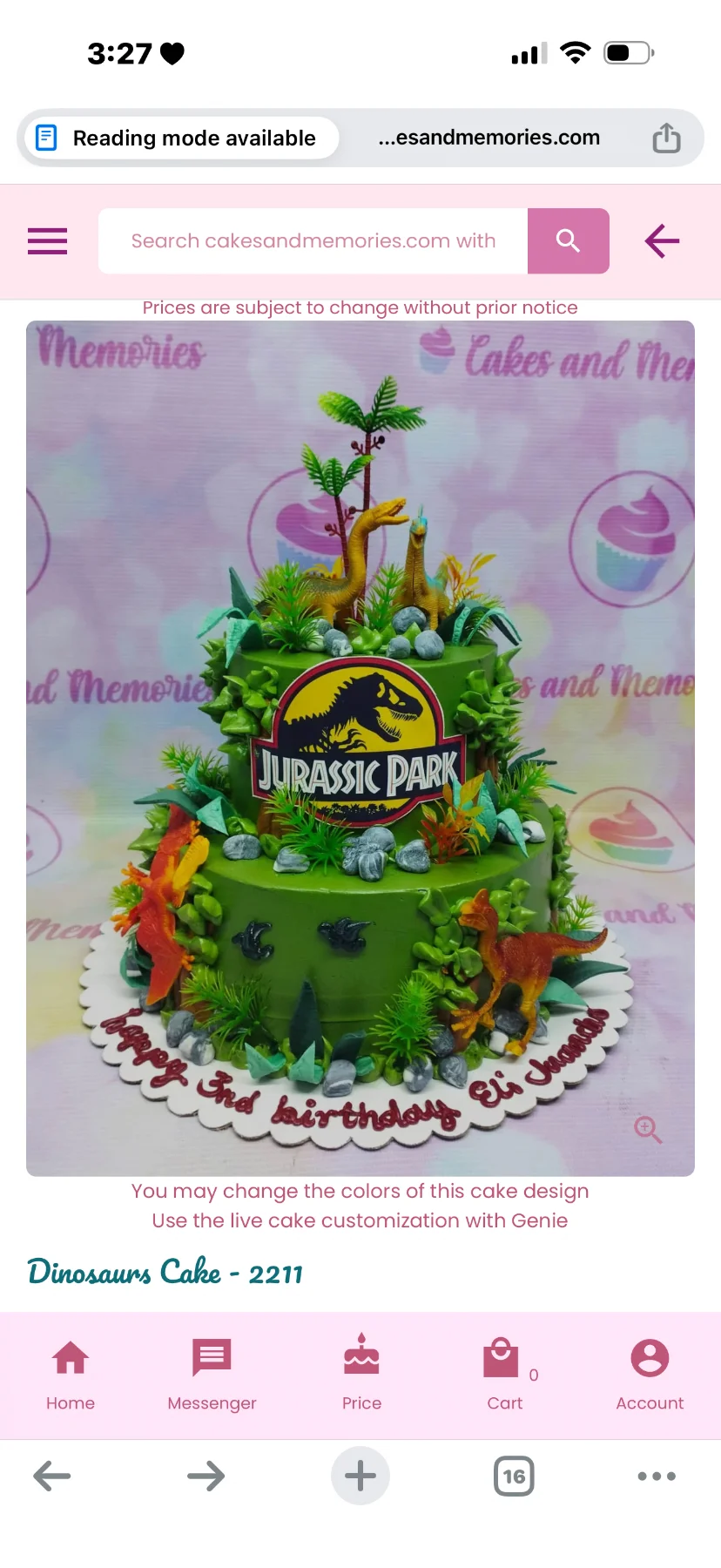 2-tier green Jurassic Park themed cake with dinosaur toys, printed logo, and fondant jungle leaves