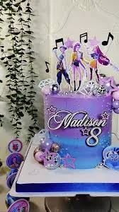 Purple and blue gradient K-pop themed cake with character printouts, music notes, and disco ball decorations for Madison's 8th birthday. Purple and blue gradient K-pop themed cake with character printouts, music notes, and disco ball decorations for Madison's 8th birthday.