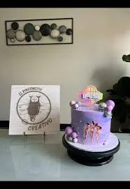 Purple and blue gradient cake with K-pop group printout and a glowing name topper. Purple and blue gradient cake with K-pop group printout and a glowing name topper.