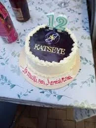 White 1-tier cake with a dark purple Katseye logo printout on top and green number 12 candles. White 1-tier cake with a dark purple Katseye logo printout on top and green number 12 candles.