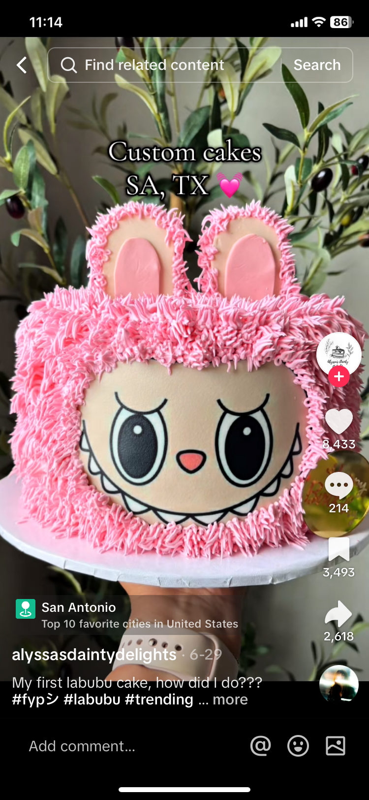 Labubu character 1 Tier - pink theme with Labubu character face and Pink fur texture icing Labubu character 1 Tier - pink theme with Labubu character face and Pink fur texture icing