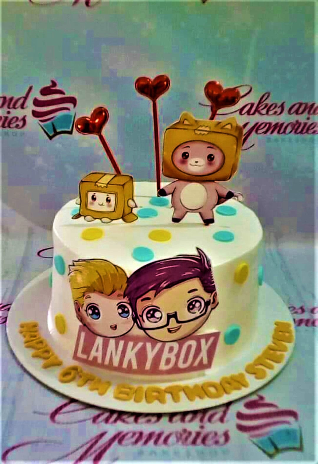 White LankyBox themed birthday cake with colorful polka dots and character printouts for a 6th birthday celebration. White LankyBox themed birthday cake with colorful polka dots and character printouts for a 6th birthday celebration.