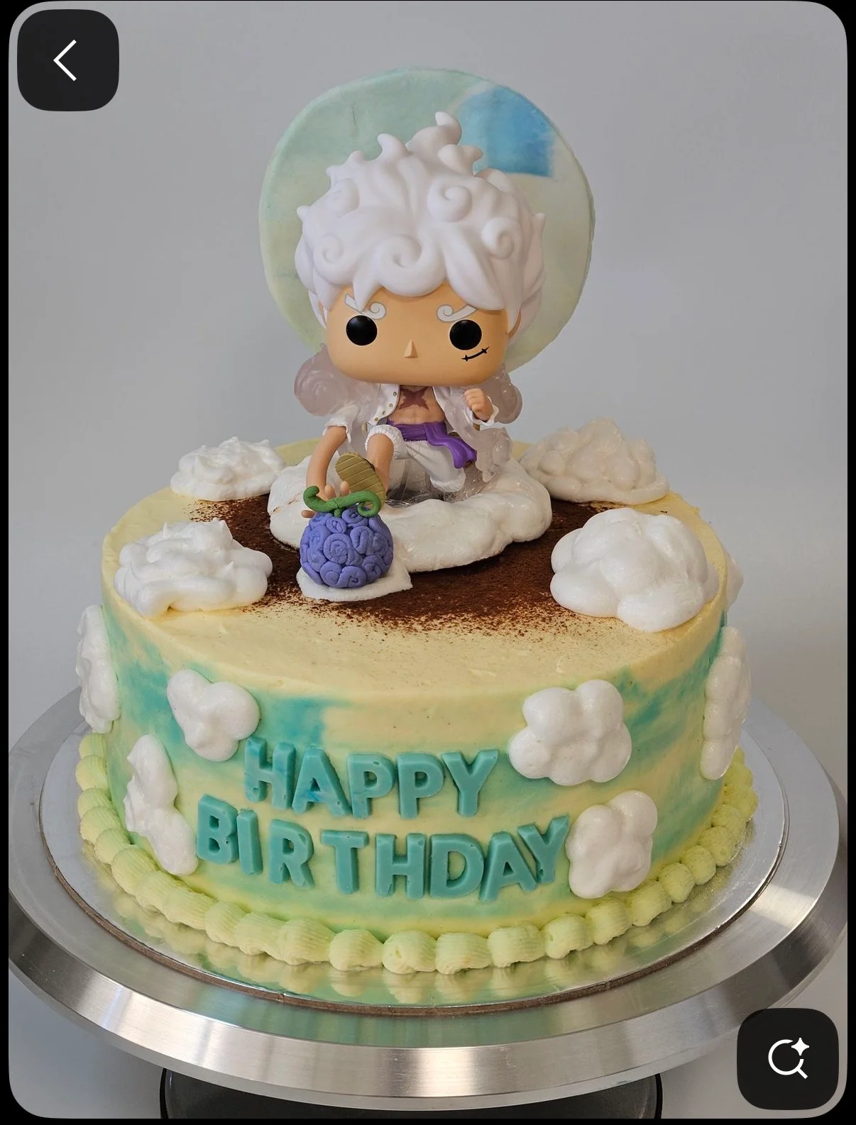 Luffy-Inspired Gear 5 Peach Cake Luffy Gear 5 1 Tier - cream, teal, brown theme with Luffy Gear 5 figurine and white icing clouds