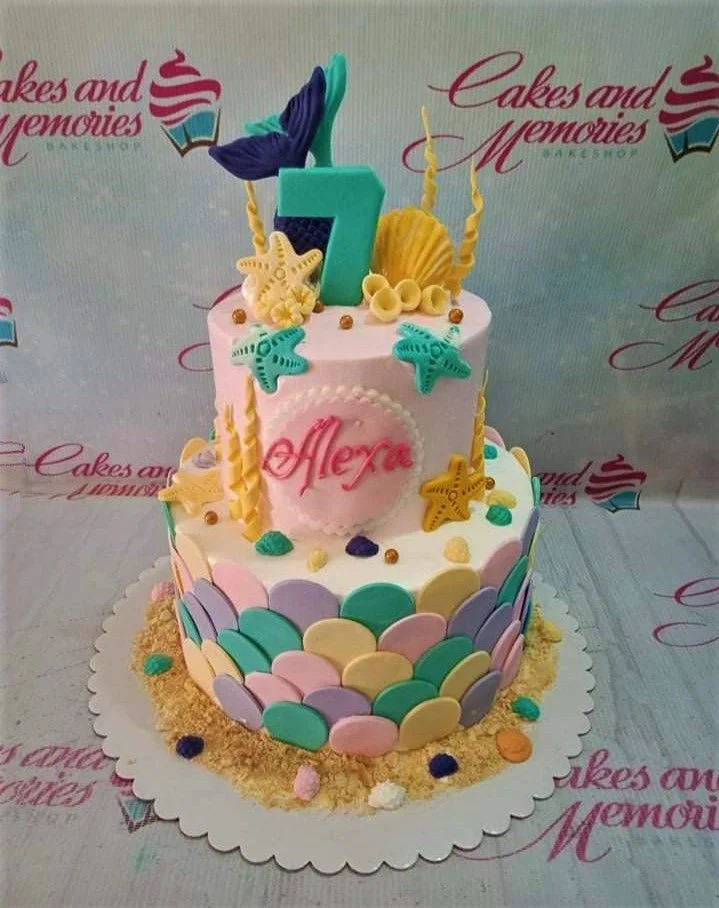 Mermaid 2-Tier Birthday Cake A colorful two-tier Mermaid themed cake with pink and white icing, featuring a teal mermaid tail, a number seven, seashells, and scales.